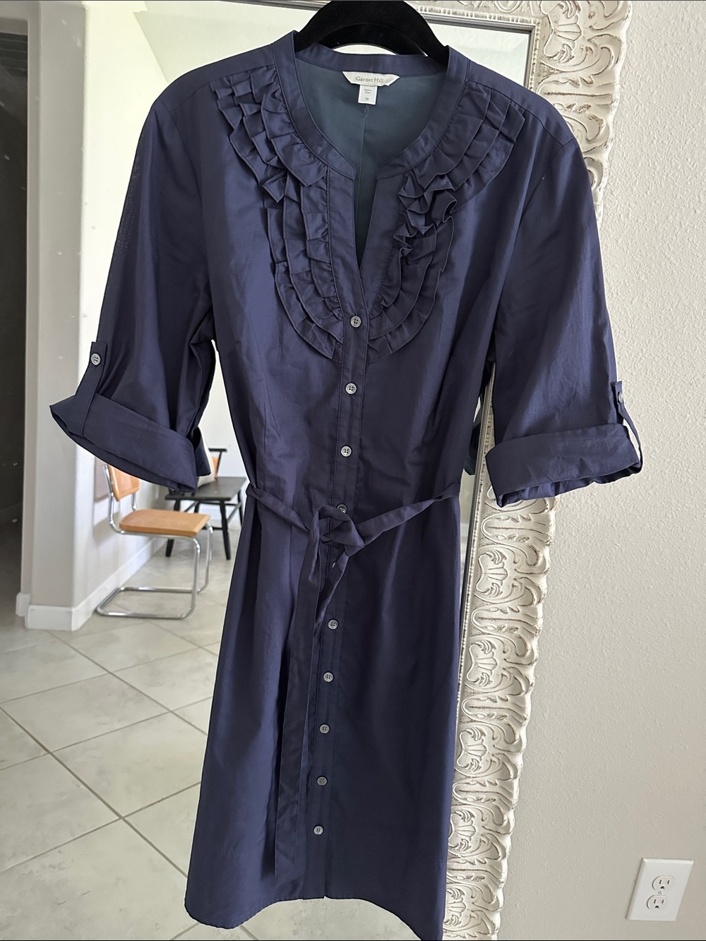 Garnet Hill Navy Ruffled Button-Front Shirt Dress